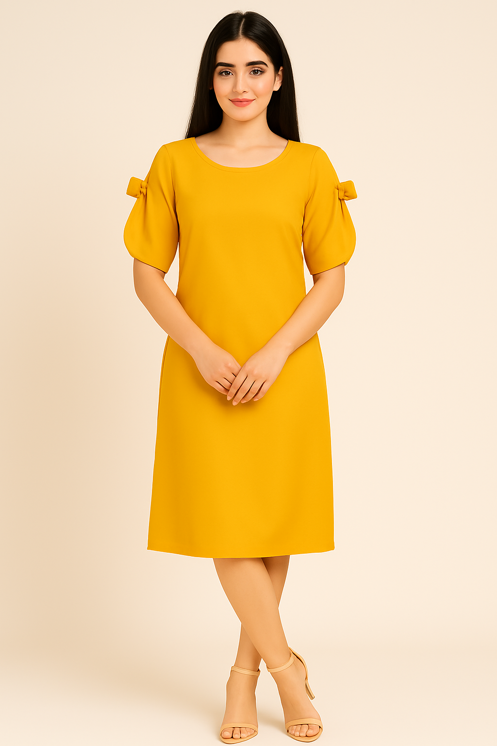 Elegant Mustard Yellow A-Line Dress with Bow Sleeve