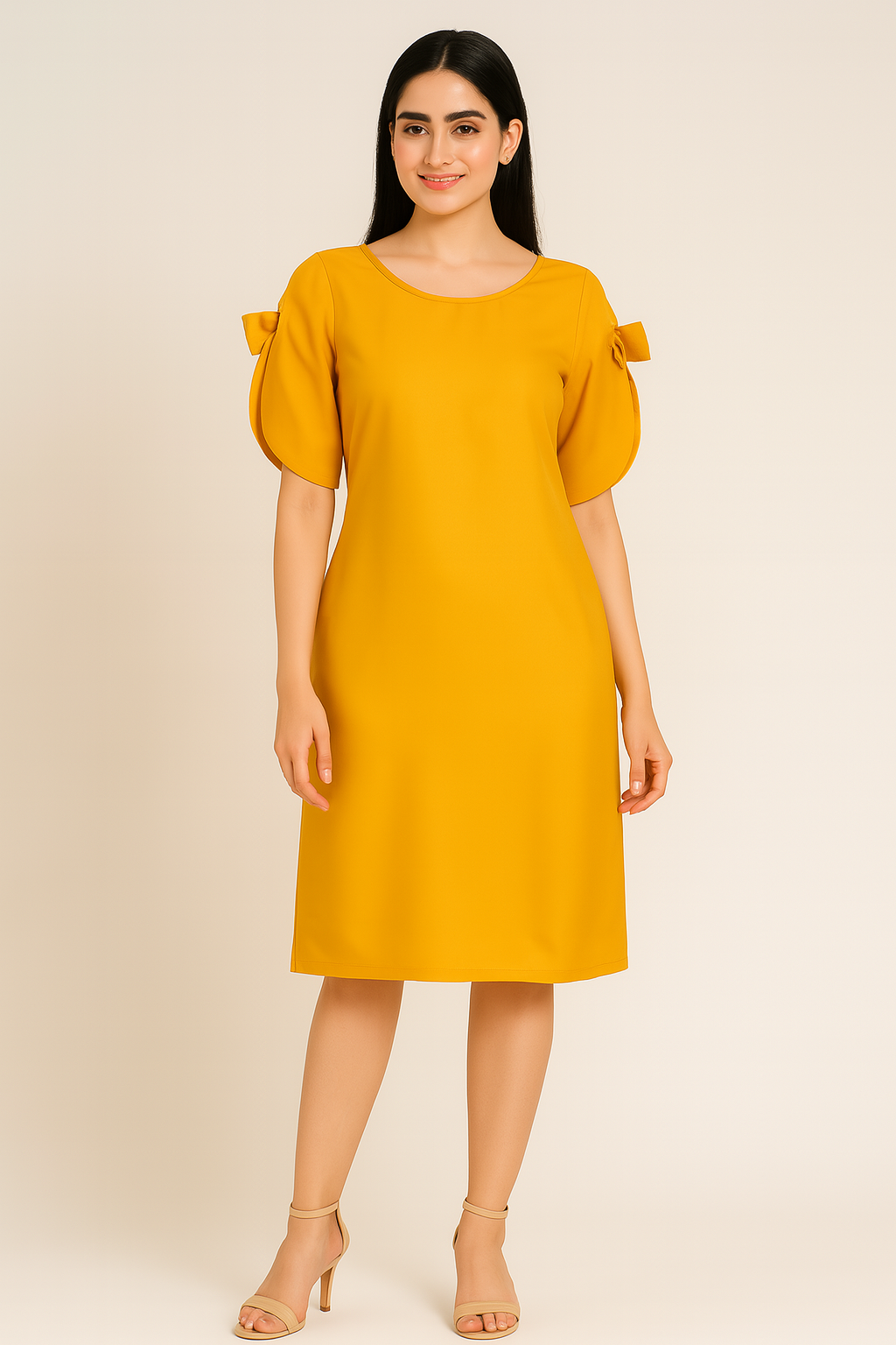 Elegant Mustard Yellow A-Line Dress with Bow Sleeve