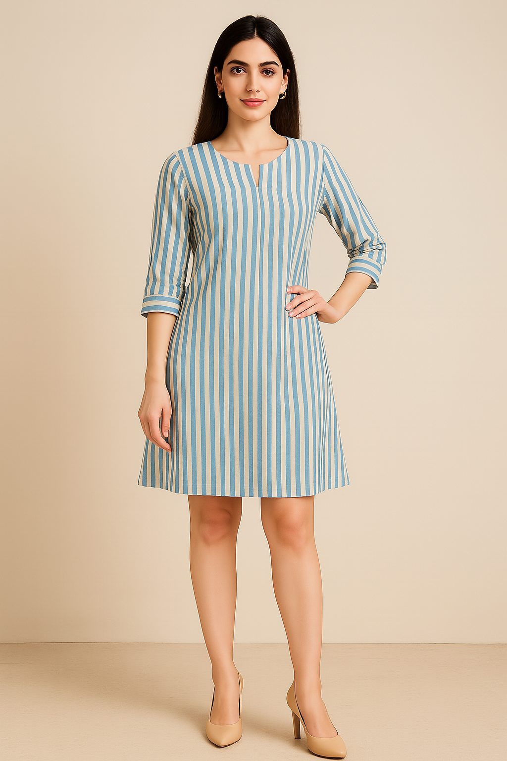 Blue & Ivory Vertical Stripe A-Line Dress