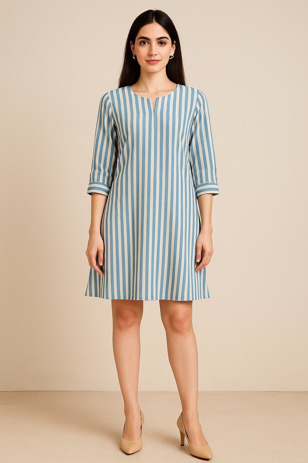 Blue & Ivory Vertical Stripe A-Line Dress