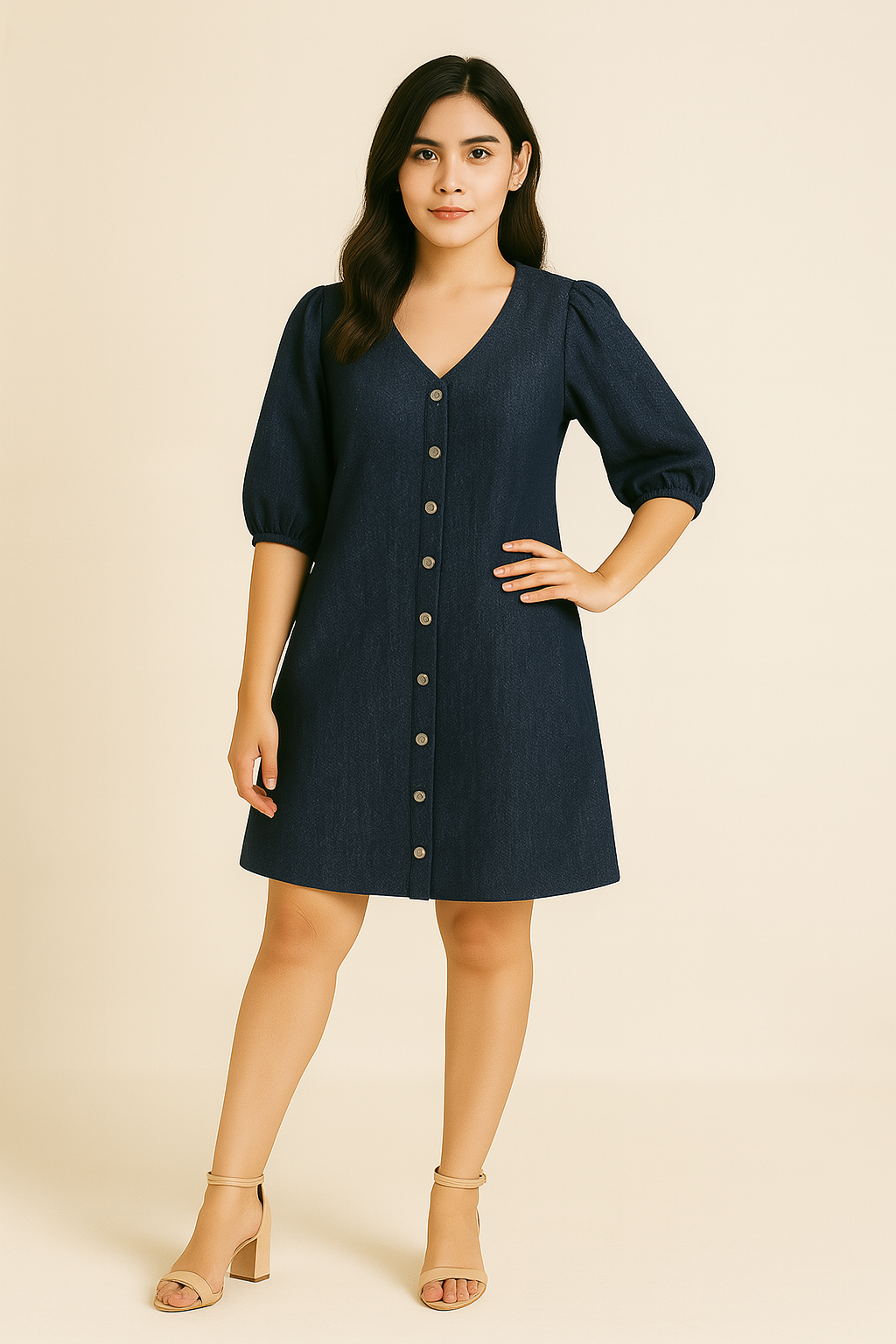 Women's Denim Button-Down A-Line Dress with Puff Sleeves