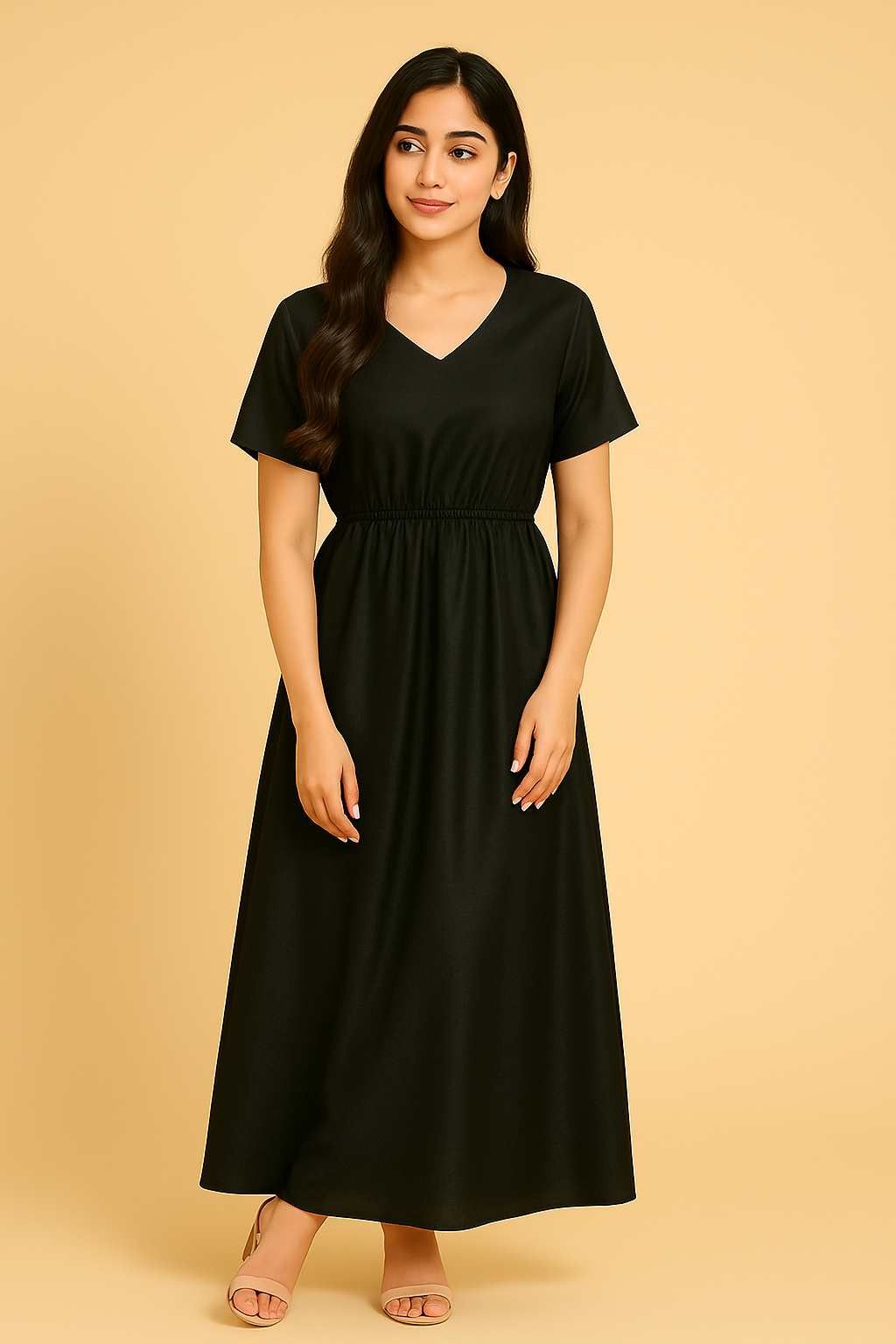 Elegant Black Silk Maxi Dress with Elastic Waist