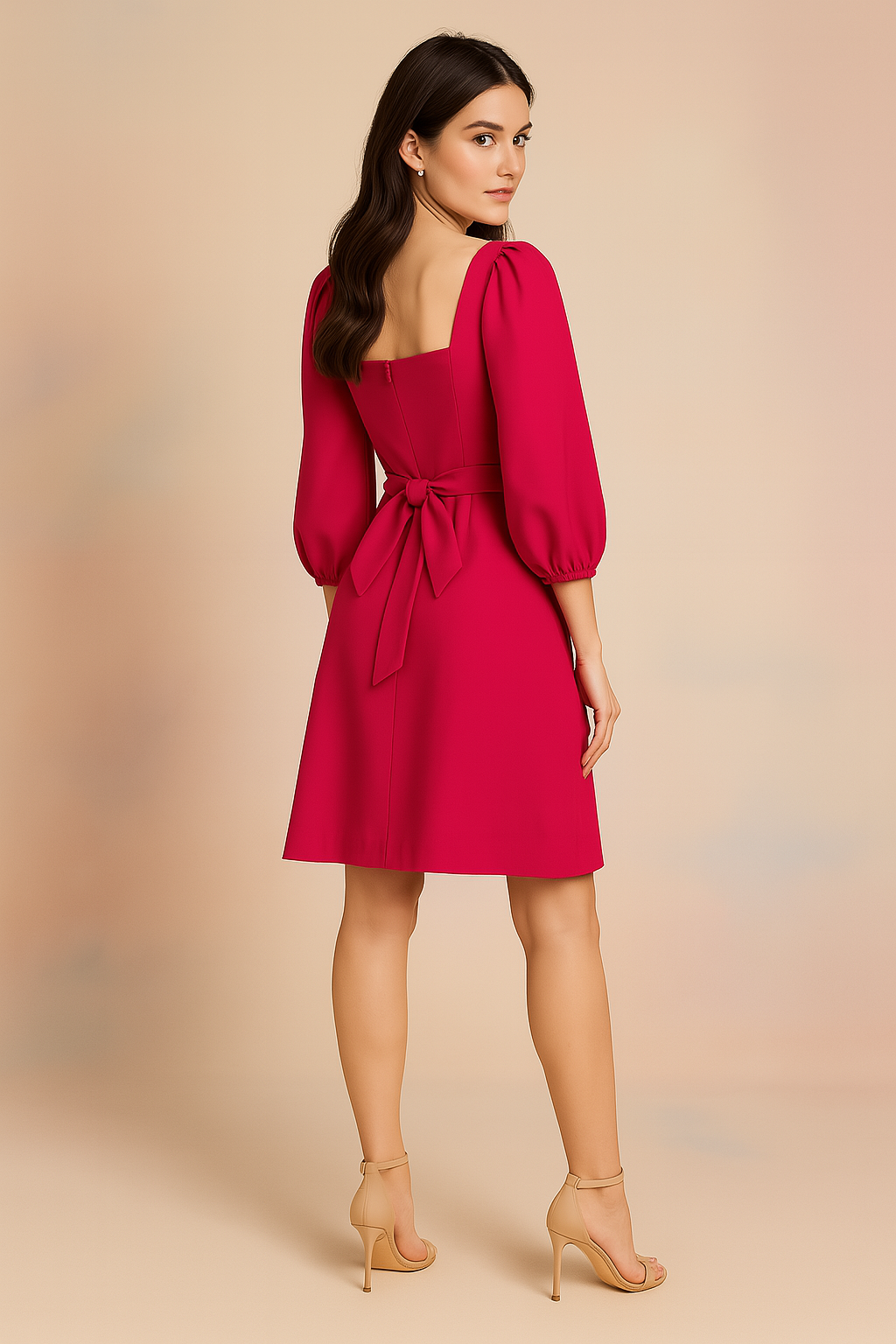 Elegant Fuchsia Puff Sleeve Belted Dress