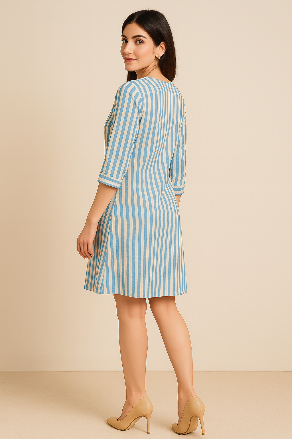 Blue & Ivory Vertical Stripe A-Line Dress