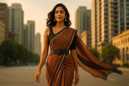A confident modern Indian woman walking through a city street at sunset, wearing a stylish brown saree with a black crop blouse and belt, her dupatta flowing in the wind, with tall buildings in the background.