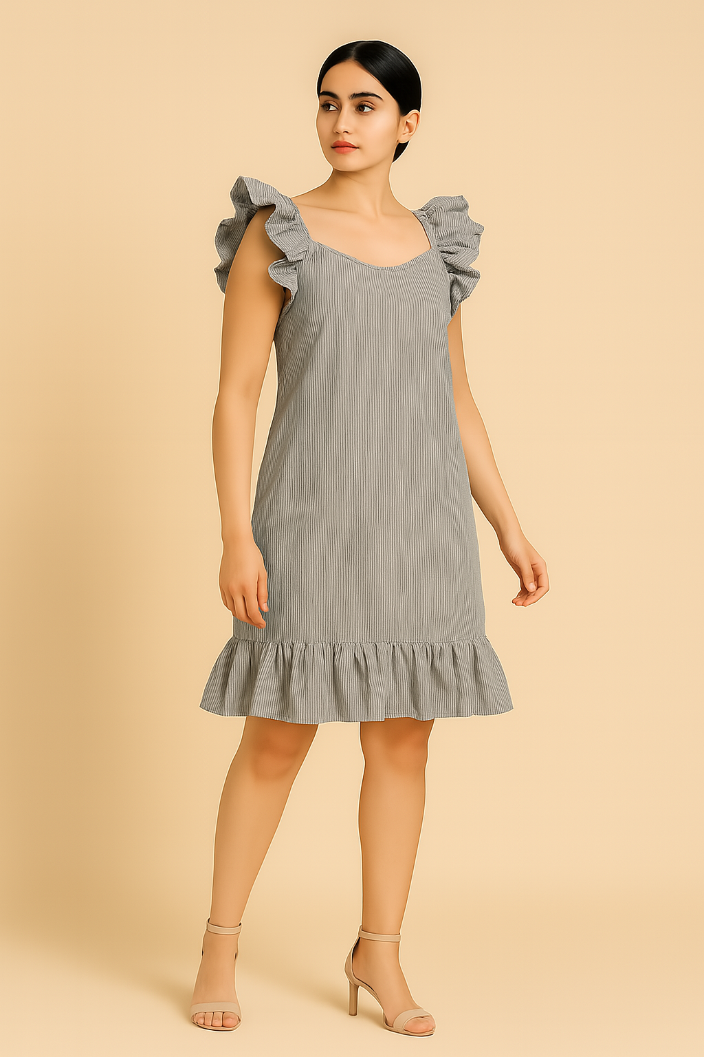 Striped Ruffle Hem Dress with Frill Sleeves