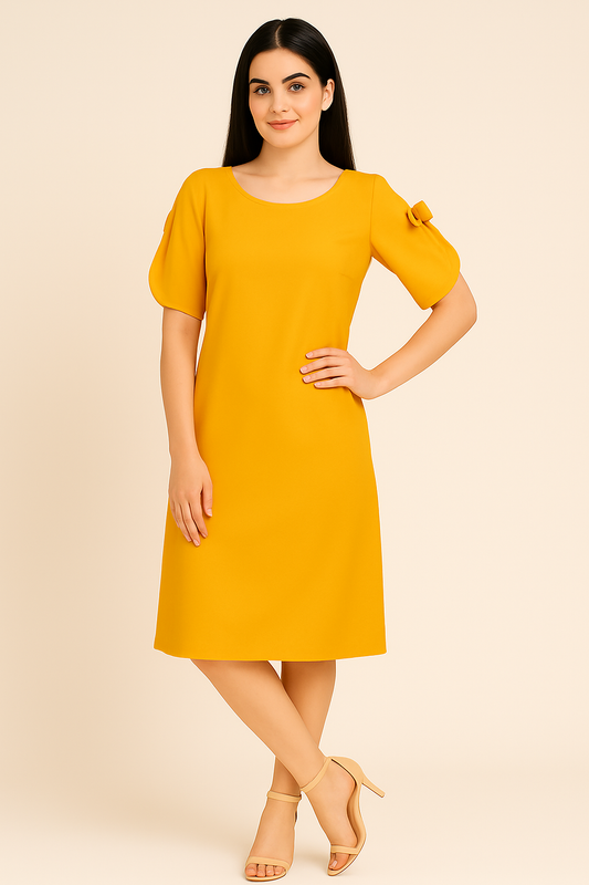 Elegant Mustard Yellow A-Line Dress with Bow Sleeve