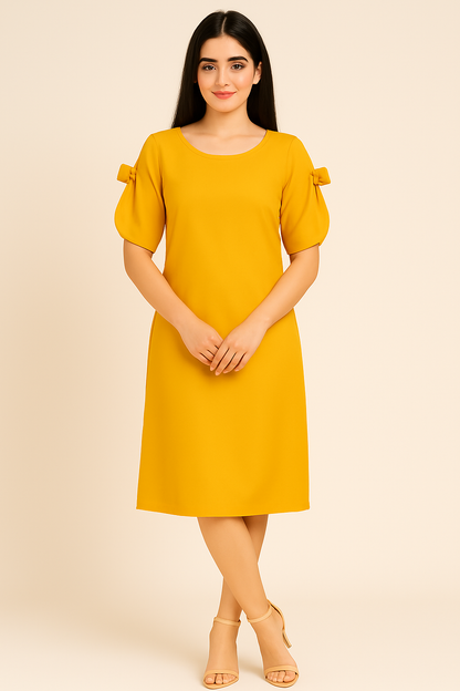 Elegant Mustard Yellow A-Line Dress with Bow Sleeve