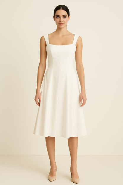 Elegant White A-Line Midi Dress with Square Neckline