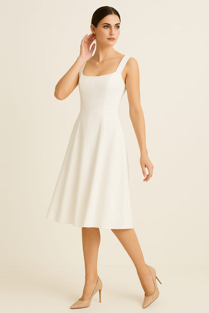 Elegant White A-Line Midi Dress with Square Neckline