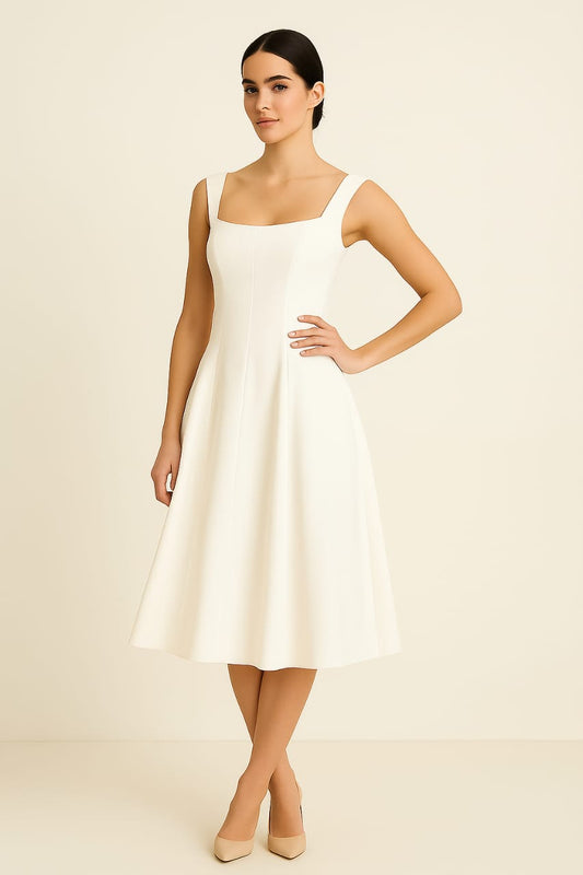 Elegant White A-Line Midi Dress with Square Neckline