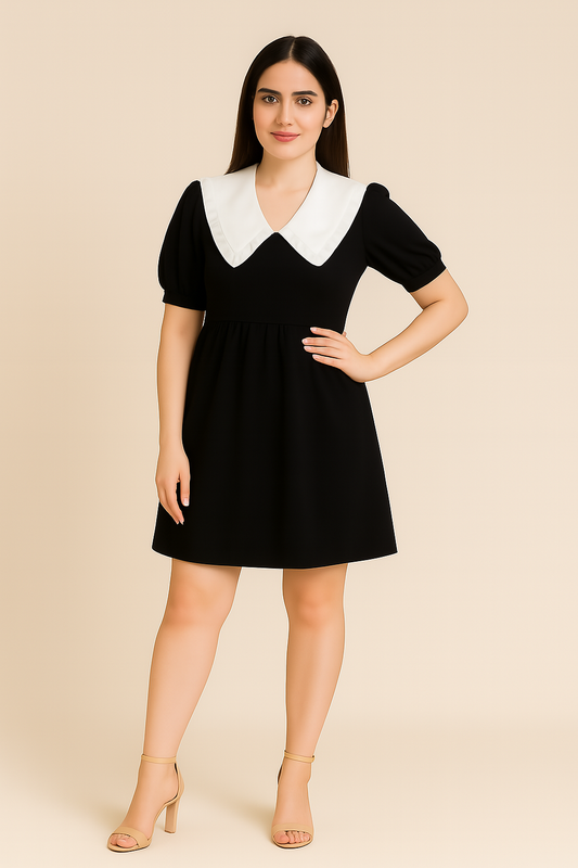 Black Puff Sleeve Dress with Oversized White Collar
