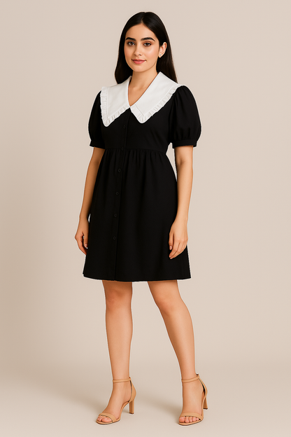 Black Puff Sleeve Dress with Oversized White Collar