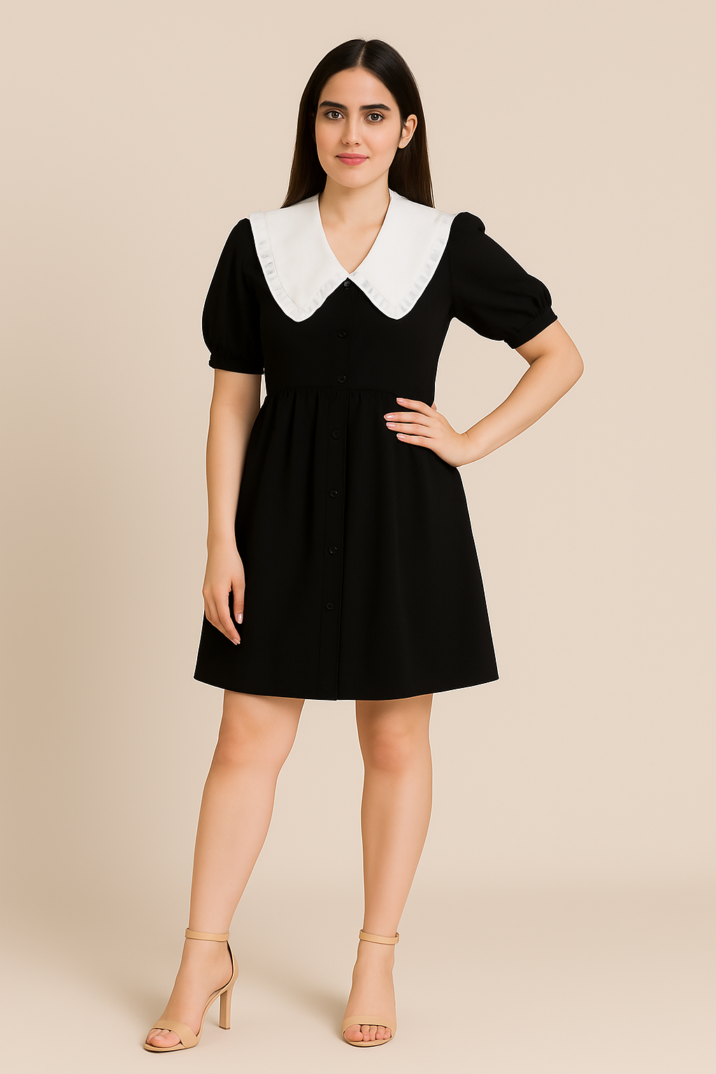 Black Puff Sleeve Dress with Oversized White Collar