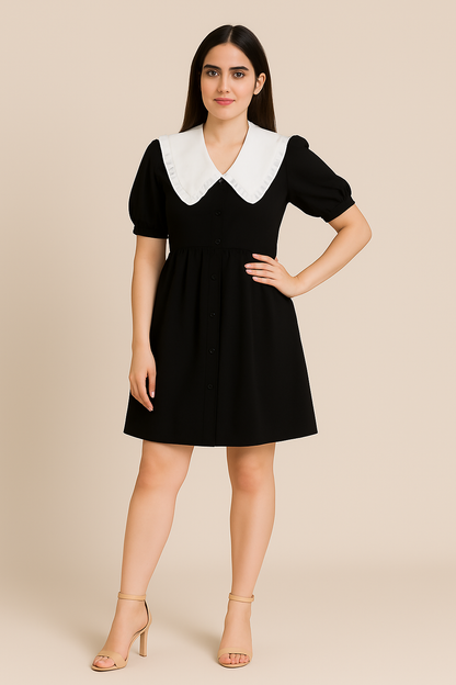 Black Puff Sleeve Dress with Oversized White Collar