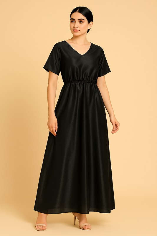 Elegant Black Silk Maxi Dress with Elastic Waist