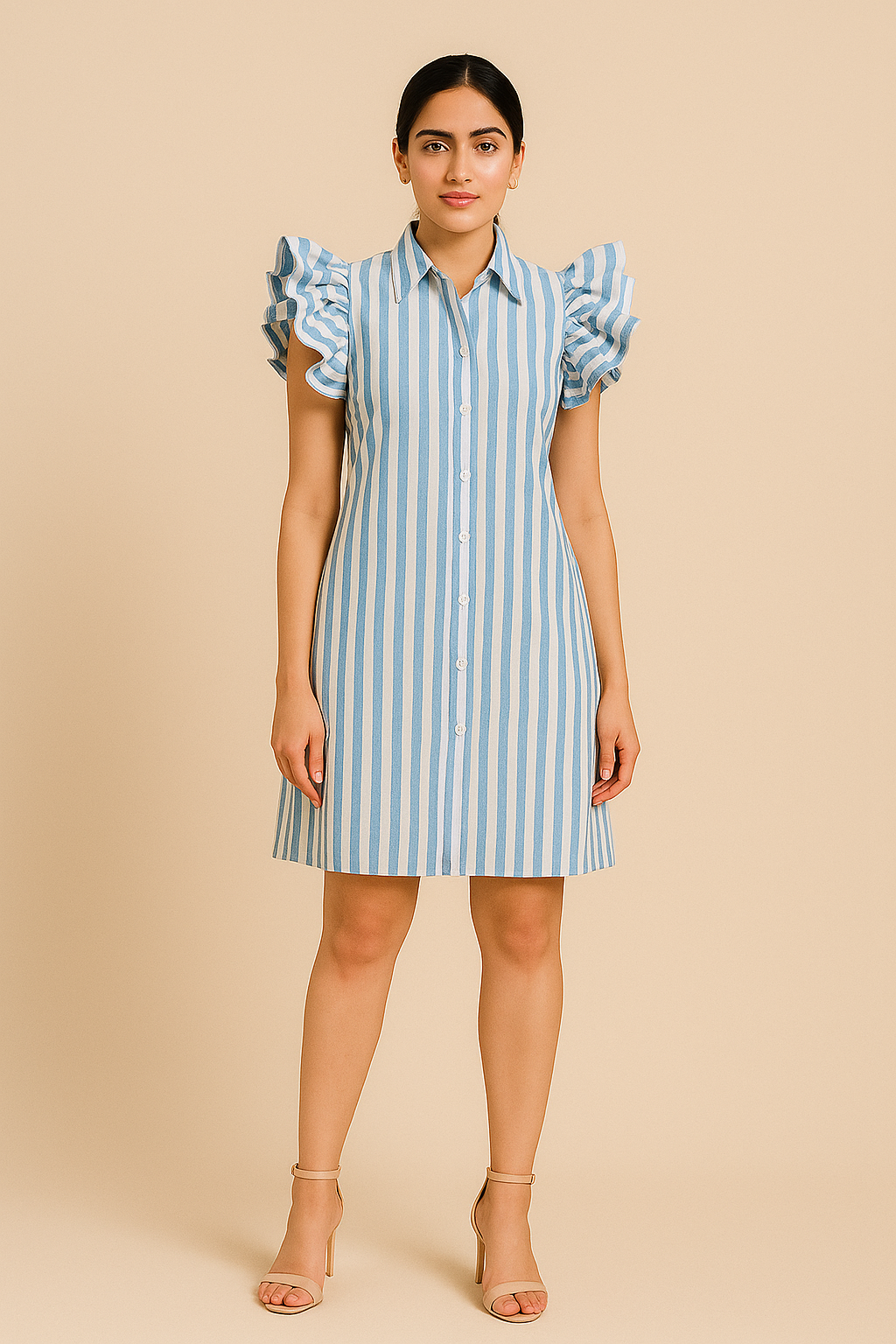 Blue & Beige Vertical Striped Dress with Ruffle Sleeves