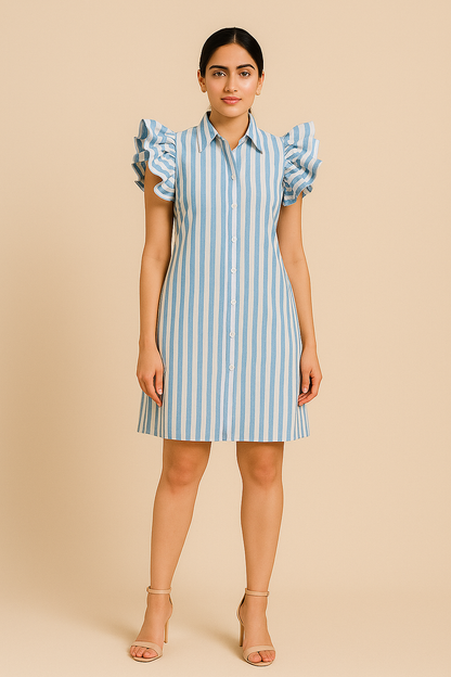 Blue & Beige Vertical Striped Dress with Ruffle Sleeves