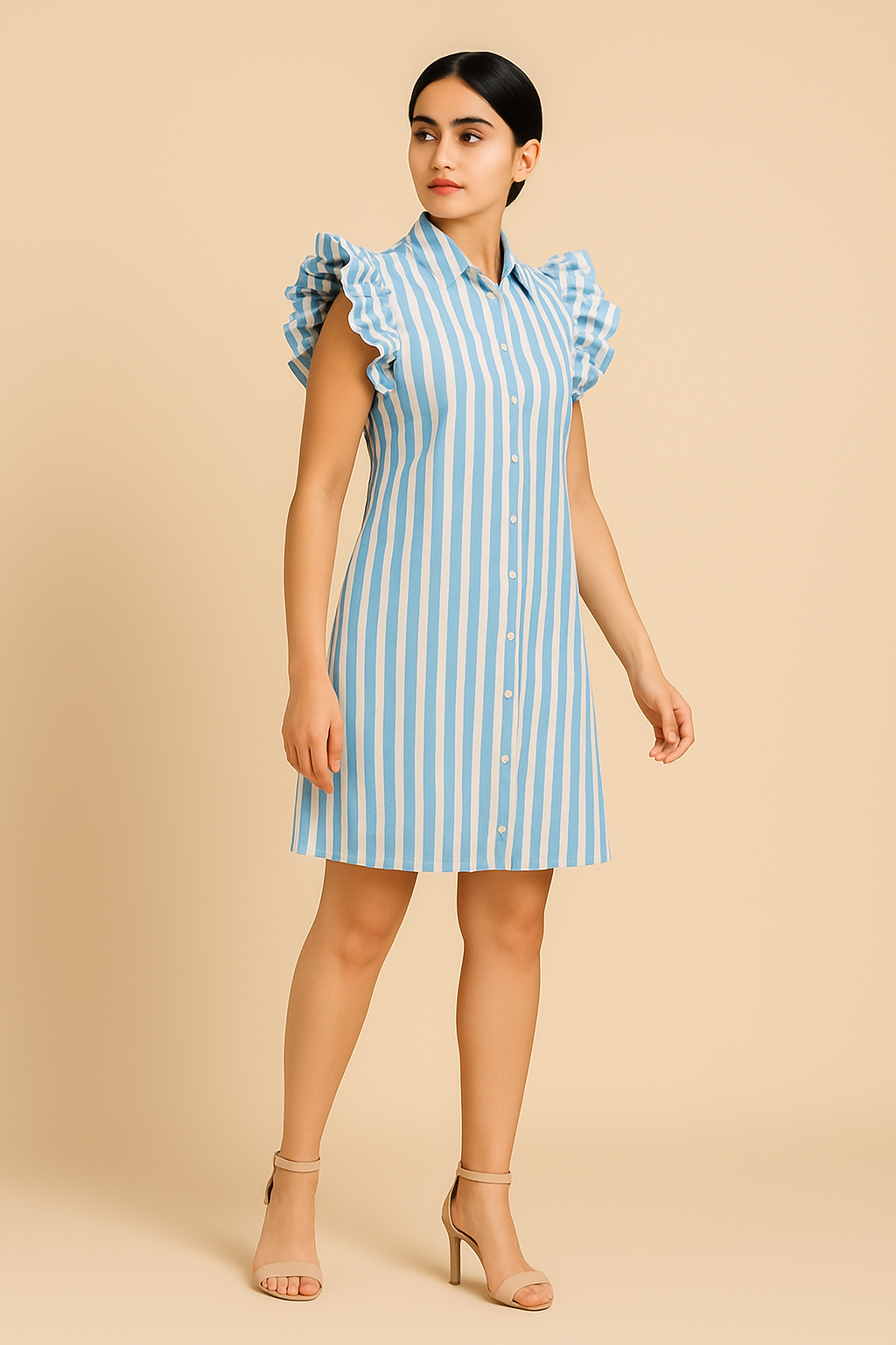 Blue & Beige Vertical Striped Dress with Ruffle Sleeves