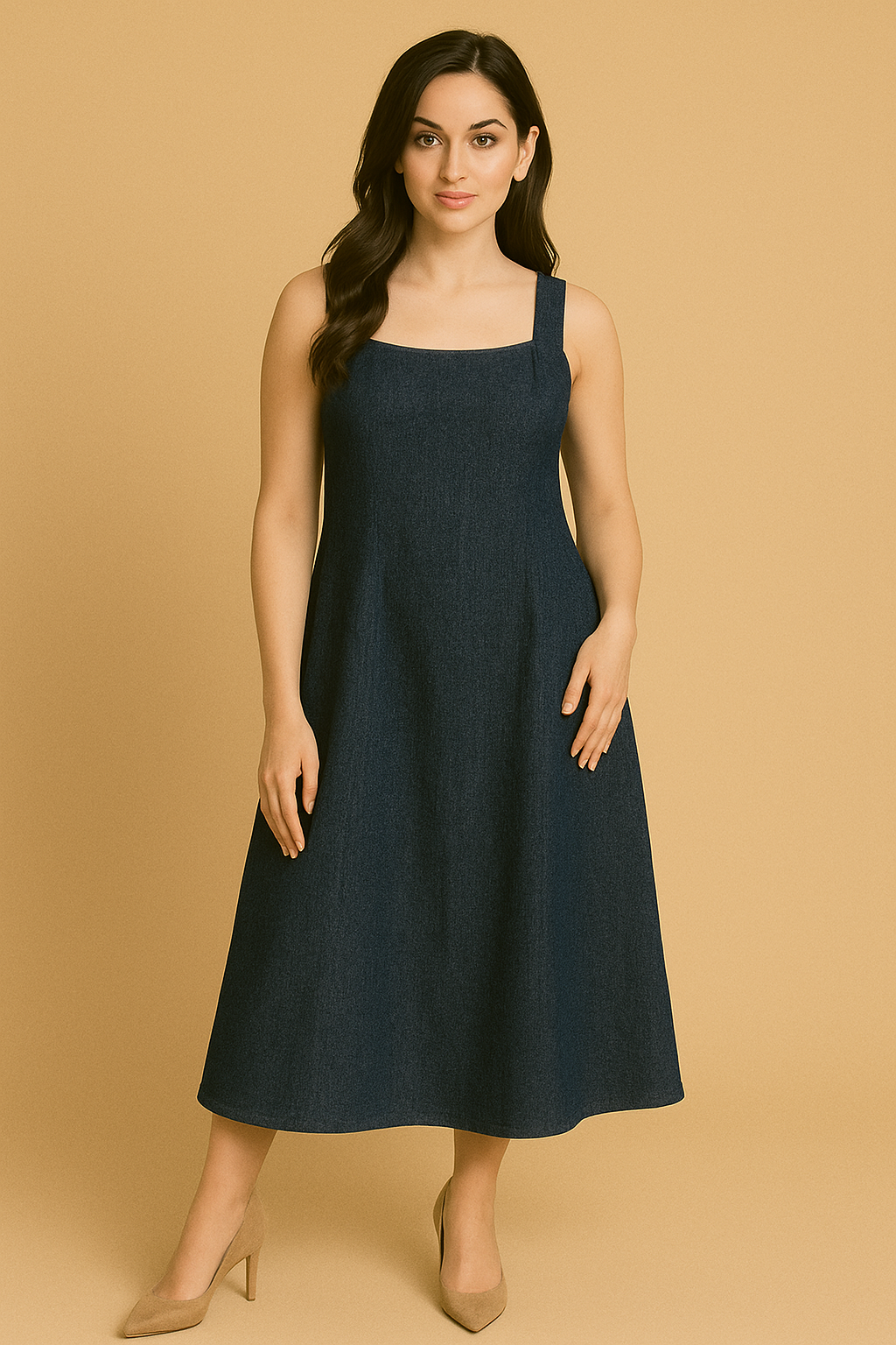 Sleeveless Square-Neck Denim Midi Dress