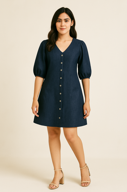 Women's Denim Button-Down A-Line Dress with Puff Sleeves