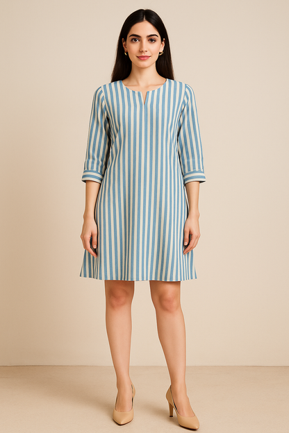 Blue & Ivory Vertical Stripe A-Line Dress
