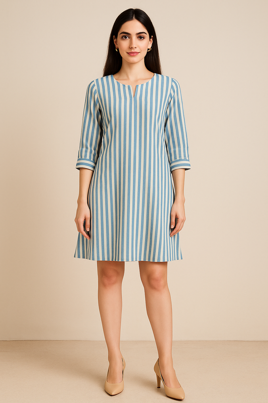 Blue & Ivory Vertical Stripe A-Line Dress