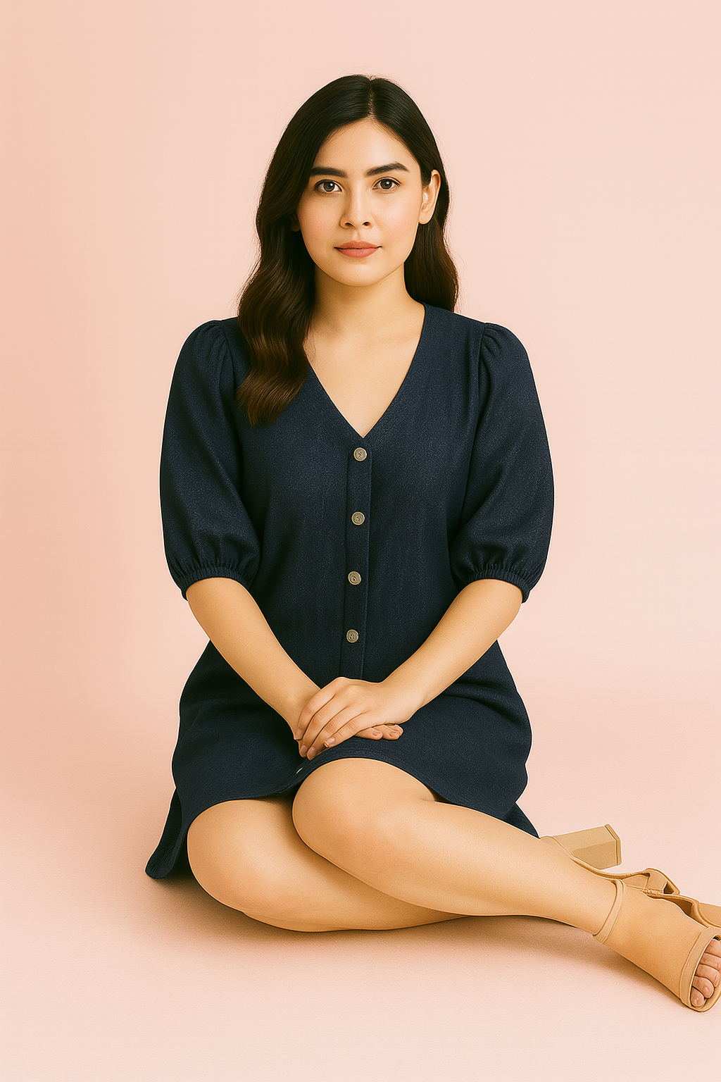 Women's Denim Button-Down A-Line Dress with Puff Sleeves