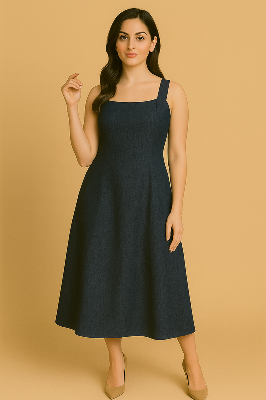 Sleeveless Square-Neck Denim Midi Dress