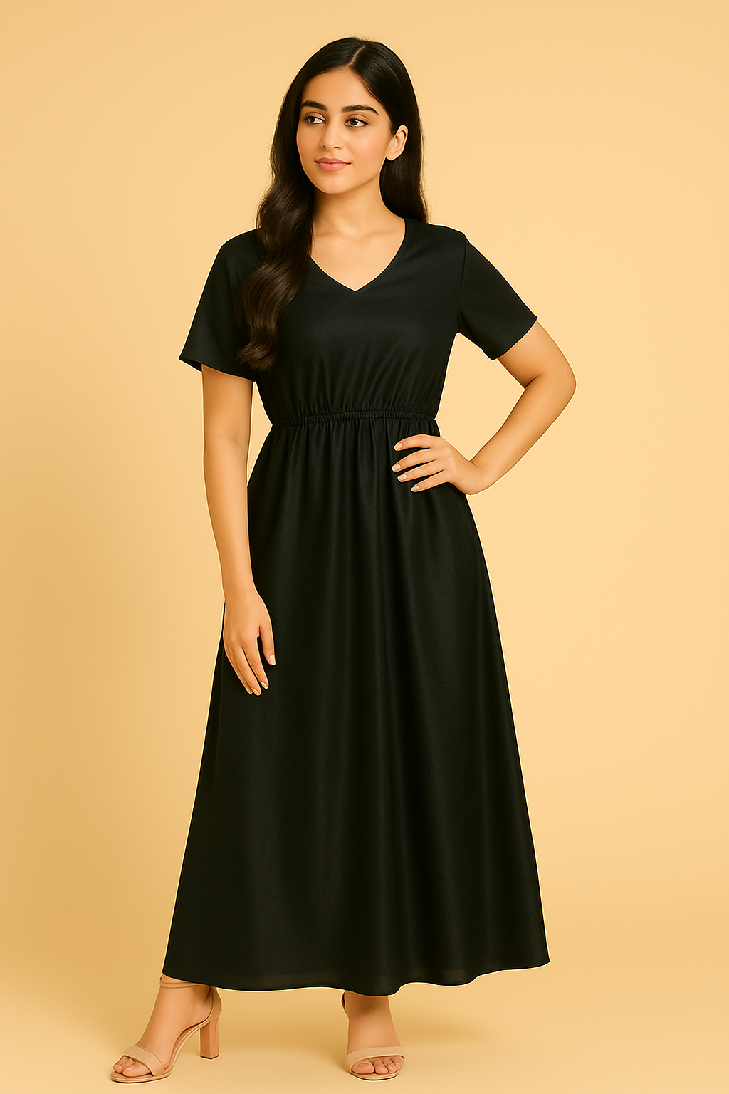Elegant Black Silk Maxi Dress with Elastic Waist