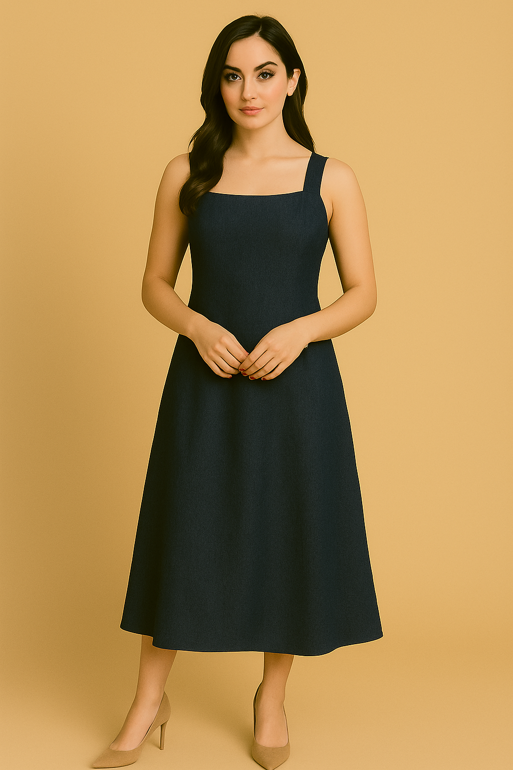 Sleeveless Square-Neck Denim Midi Dress