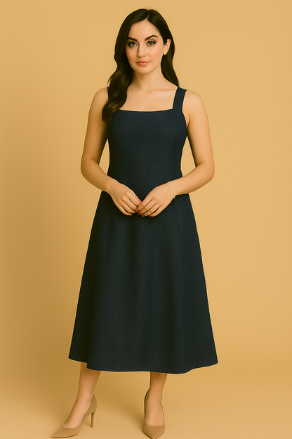 Sleeveless Square-Neck Denim Midi Dress