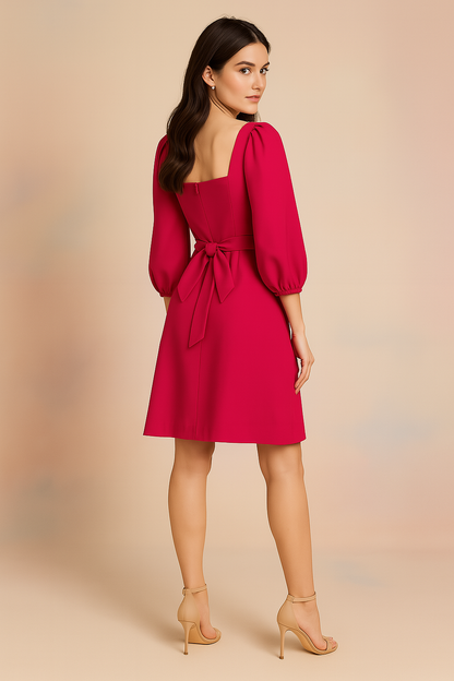 Elegant Fuchsia Puff Sleeve Belted Dress