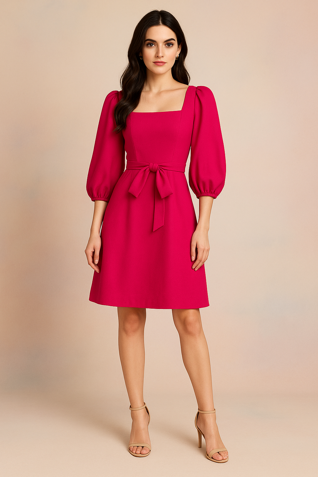 Elegant Fuchsia Puff Sleeve Belted Dress