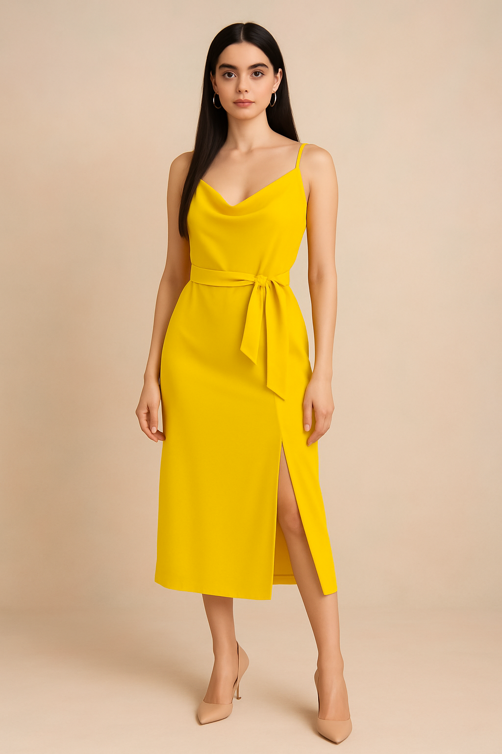 Golden Yellow Cowl Neck Midi Dress with Side Slit