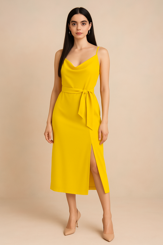 Golden Yellow Cowl Neck Midi Dress with Side Slit