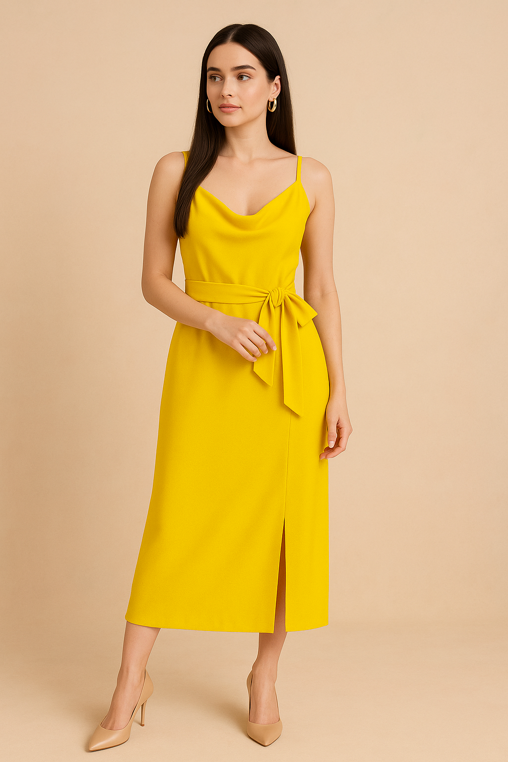 Golden Yellow Cowl Neck Midi Dress with Side Slit
