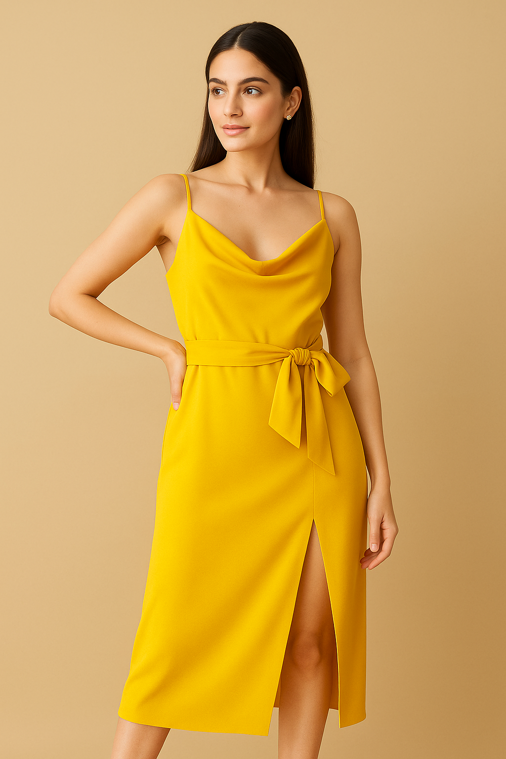 Golden Yellow Cowl Neck Midi Dress with Side Slit